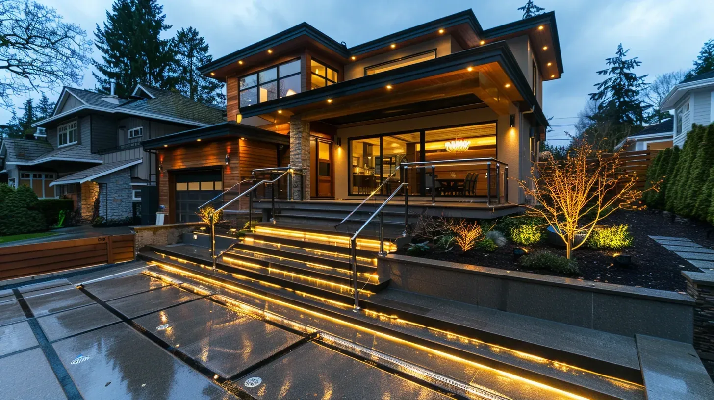 Professional Safety Lighting Vancouver BC services creating backyard patio LED systems, residential driveway security floodlights, garden path safety lights, motion sensor fixtures, commercial building spotlights, pathway illumination, and advanced outdoor safety lighting installations.