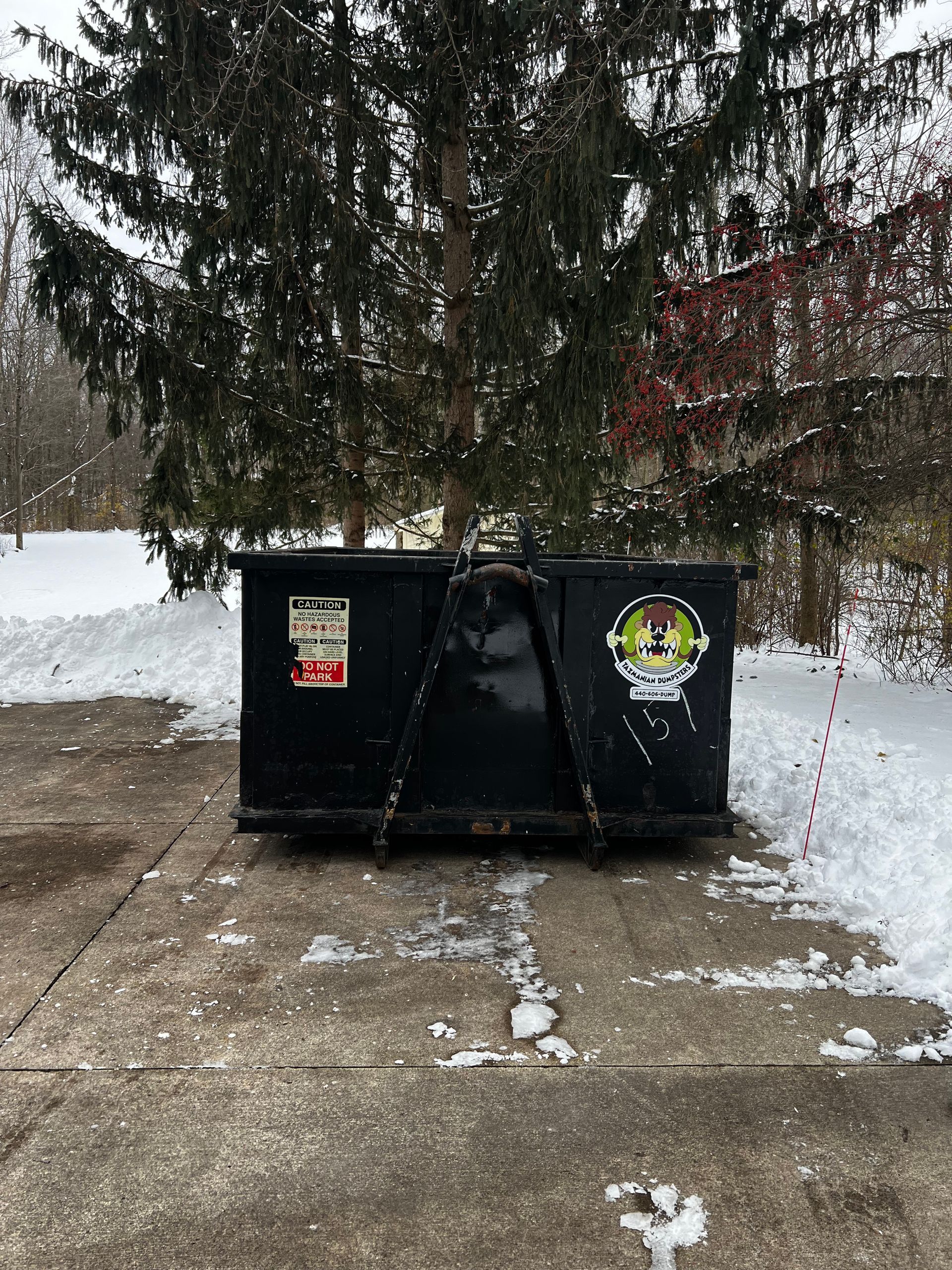 A black dumpster is sitting in the snow in a driveway.