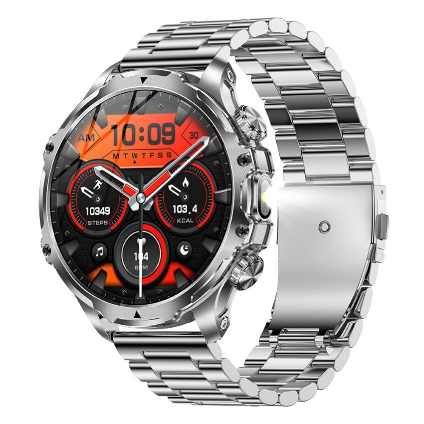 Reloj inteligente plateado con pantalla naranja y roja y correa de metal.