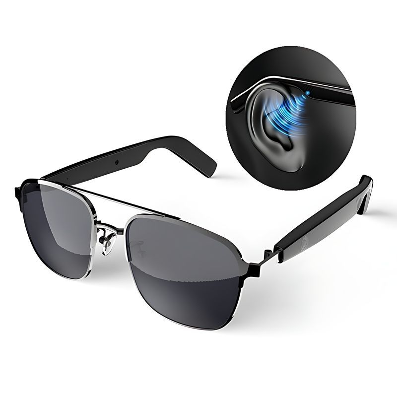 Gafas de sol con audio integrado. Montura negra, lentes tintadas y un recuadro que muestra ondas sonoras cerca de un oído.