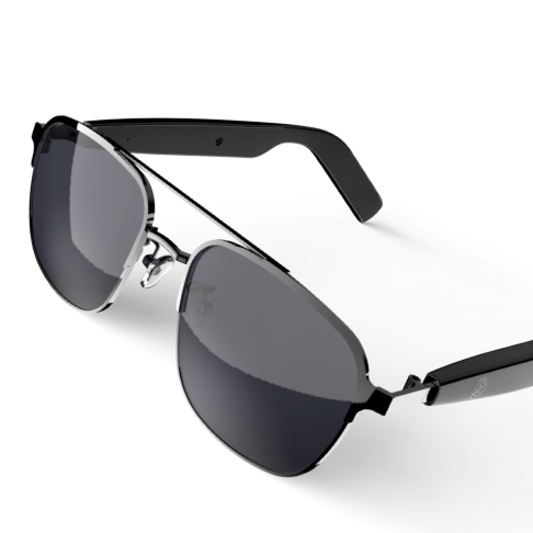 Gafas de sol con lentes oscuras y patillas negras.