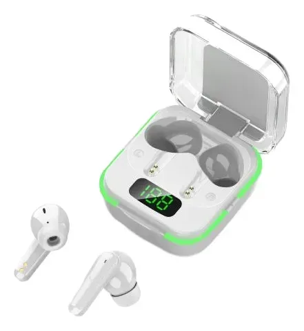 Auriculares inalámbricos blancos con estuche de carga, pantalla digital que muestra la duración de la batería.