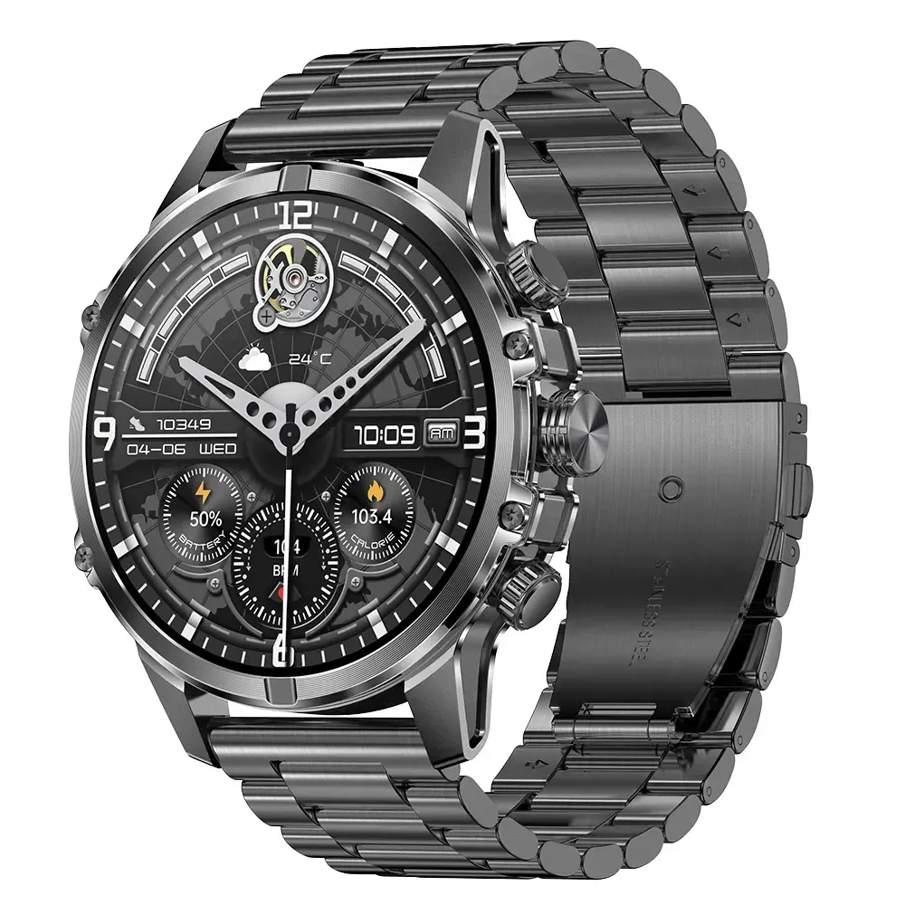 Reloj inteligente plateado y negro con esfera redonda y correa de goma negra. Muestra la hora, la fecha y las métricas de actividad física.