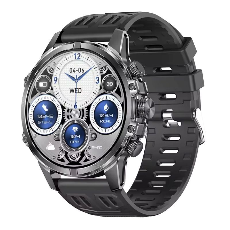 Reloj inteligente plateado y negro con pantalla digital y correa de goma negra.