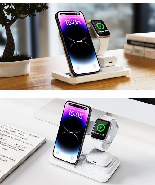 Estación de carga inalámbrica 3 en 1 de color blanco con un Apple Watch encima; se muestra la pantalla de carga.