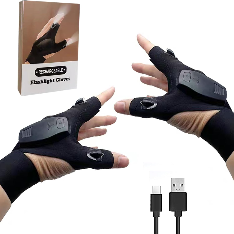 Guantes de linterna negra en las manos, cable de carga USB, caja de embalaje en el fondo.