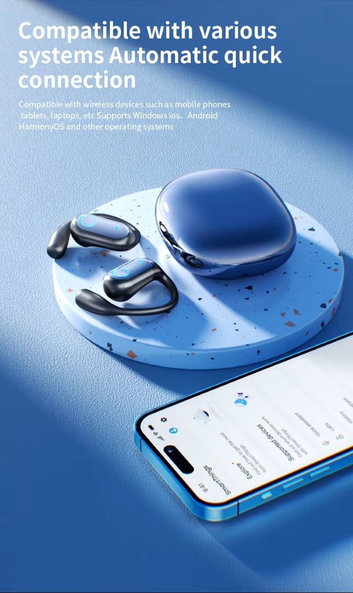 Auriculares deportivos inalámbricos de color azul y negro en su estuche de carga.