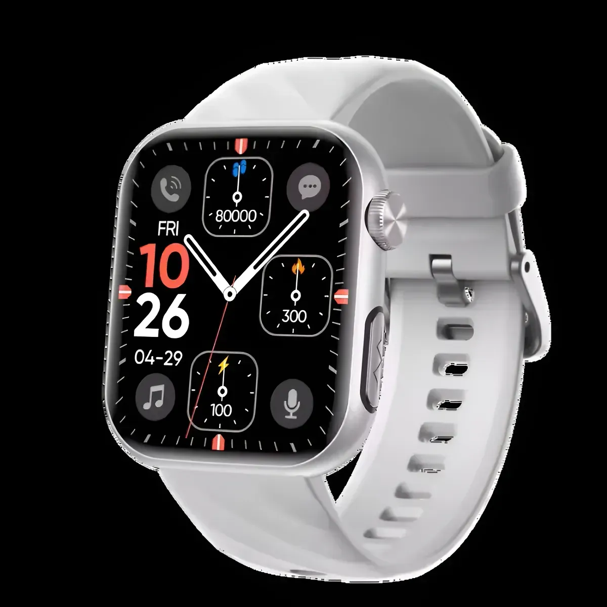 Reloj inteligente negro con esfera de números romanos y correa negra.