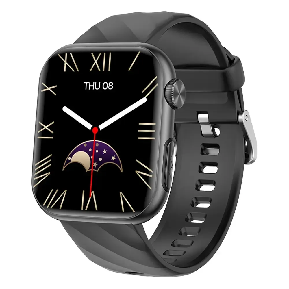 Reloj inteligente negro con esfera de números romanos y correa negra.