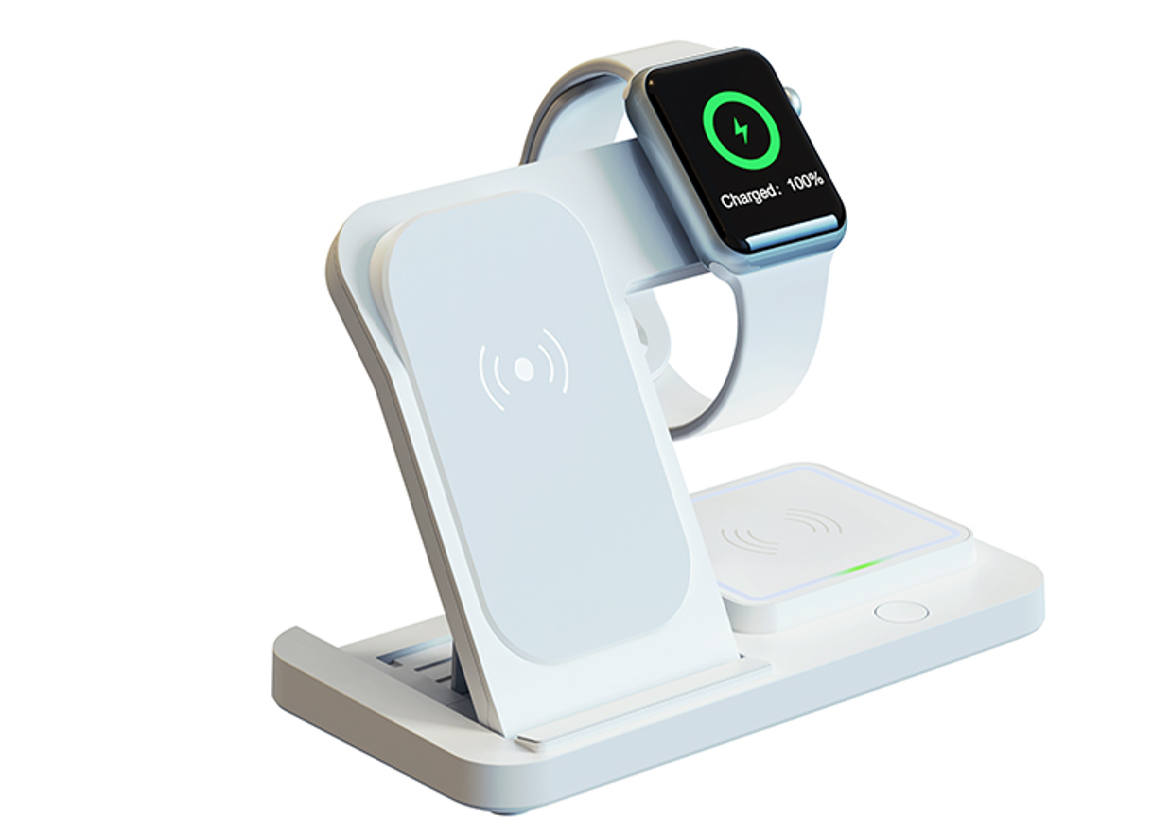 Estación de carga inalámbrica 3 en 1 de color blanco con un Apple Watch encima; se muestra la pantalla de carga.