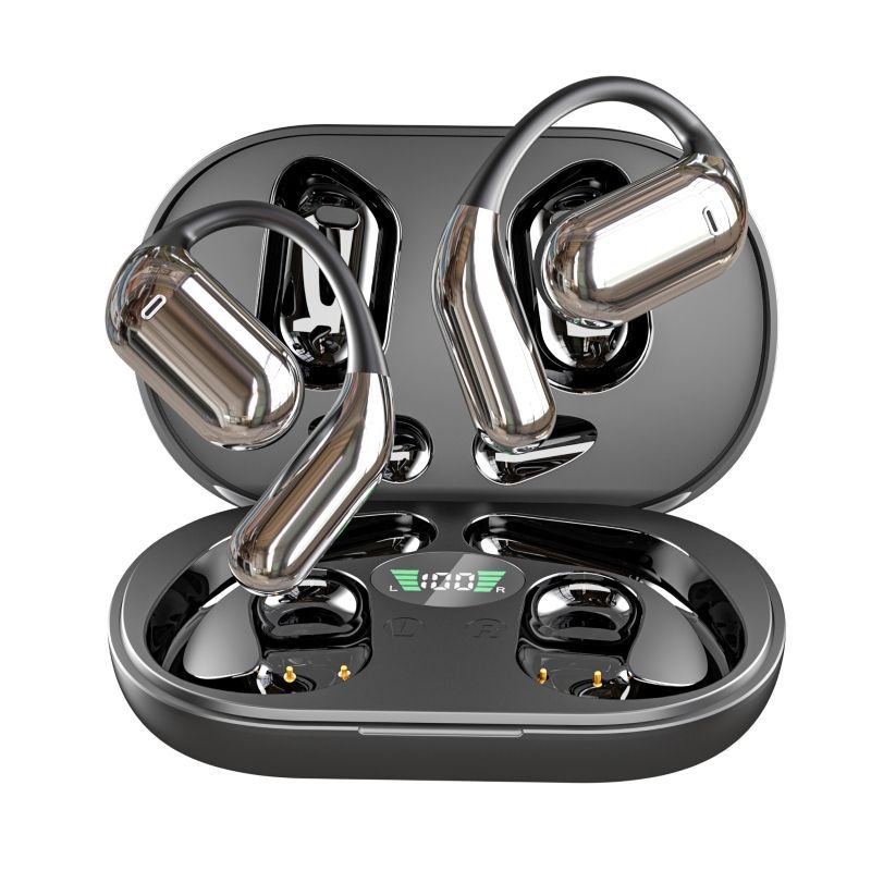 Auriculares en estuche de carga, color plata y negro, con pantalla digital que muestra la duración de la batería.