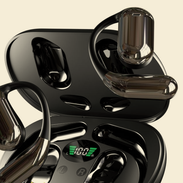 Auriculares inalámbricos negros en estuche de carga, pantalla digital de nivel de batería, acabado metálico.