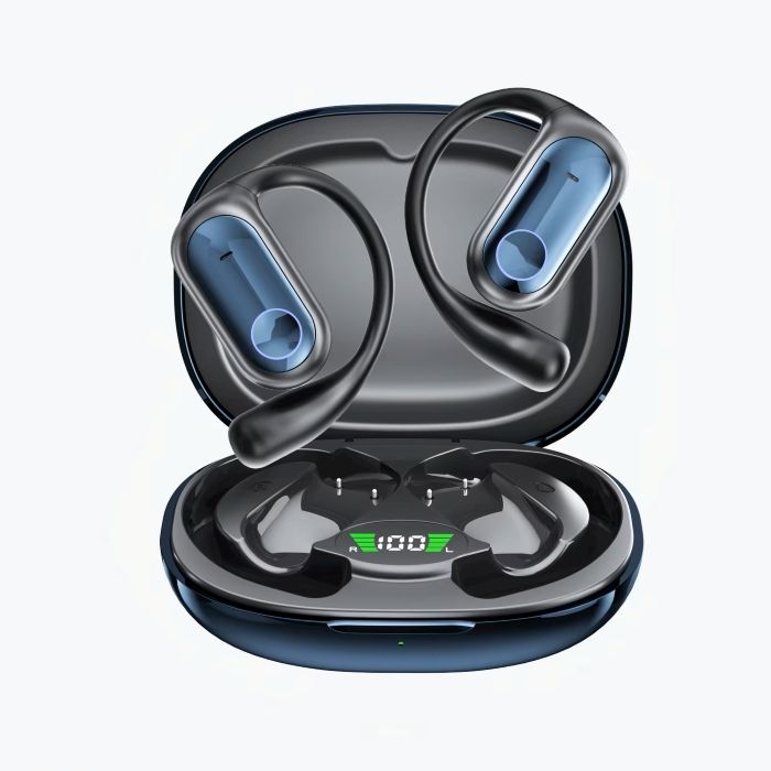 Auriculares deportivos inalámbricos de color azul y negro en su estuche de carga.