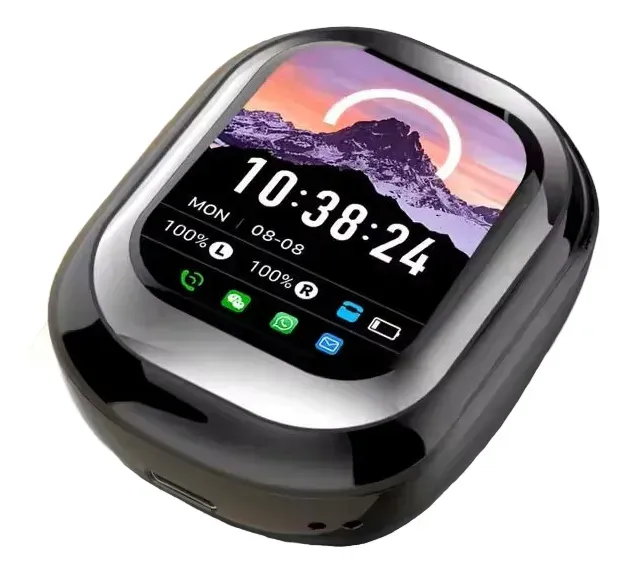 Estuche de carga para auriculares de color negro con pantalla que muestra la hora, la fecha y los niveles de batería.