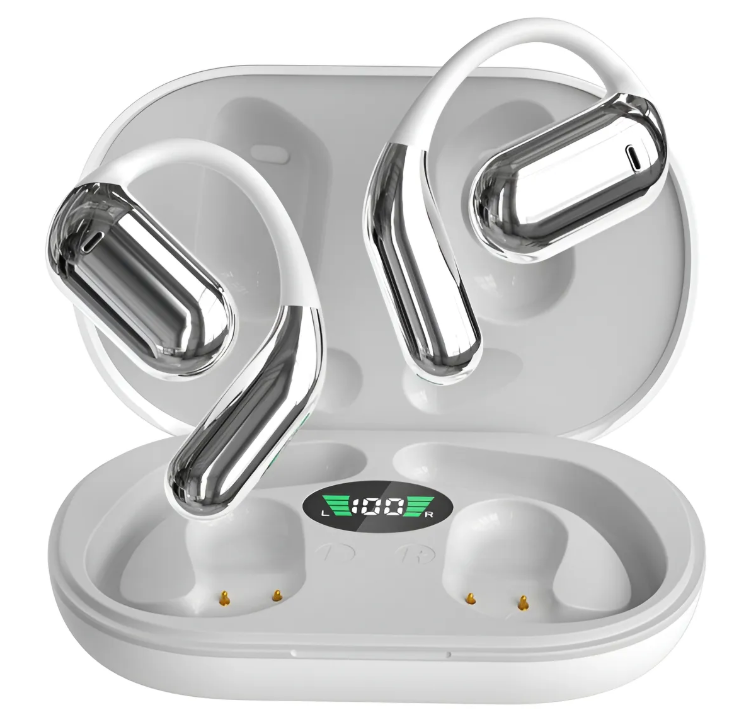 Los auriculares blancos con detalles cromados se encuentran en un estuche de carga blanco abierto.