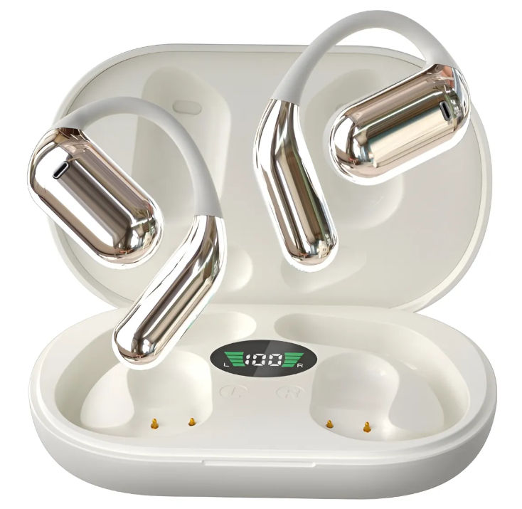 Los auriculares blancos con detalles cromados se encuentran en un estuche de carga blanco abierto.