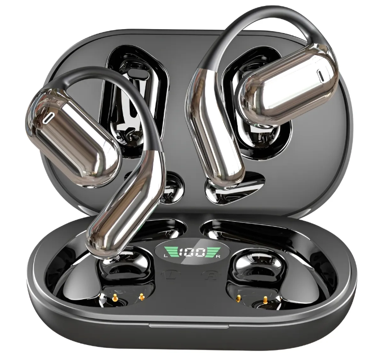 Auriculares con acabado metálico en estuche de carga. La pantalla digital muestra el nivel de carga.