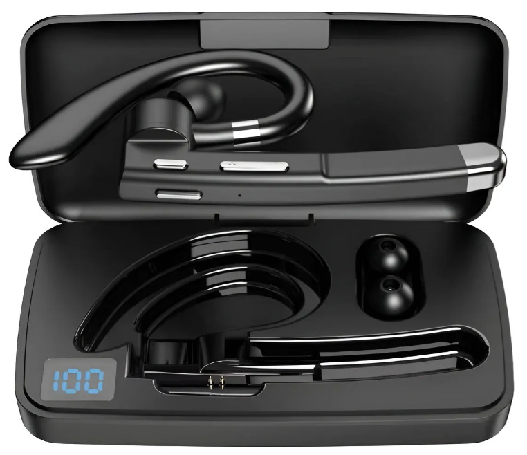 Auriculares Bluetooth de color negro con gancho para la oreja, en estuche con indicador digital de batería.