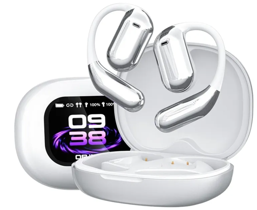 Auriculares inalámbricos blancos con ganchos para la oreja, estuche de carga con pantalla.