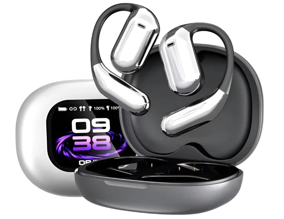 Auriculares inalámbricos blancos con ganchos para la oreja, estuche de carga con pantalla.