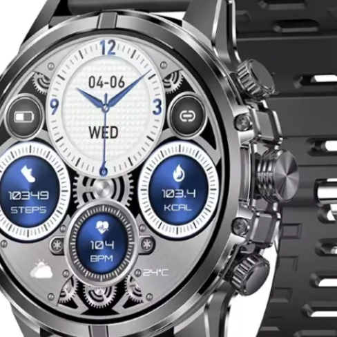 Reloj inteligente plateado con esfera redonda que muestra la fecha, los pasos, la frecuencia cardíaca y las calorías.