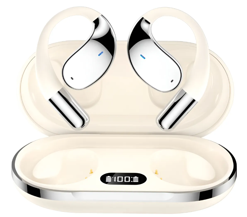 Auriculares inalámbricos blancos y estuche de carga.