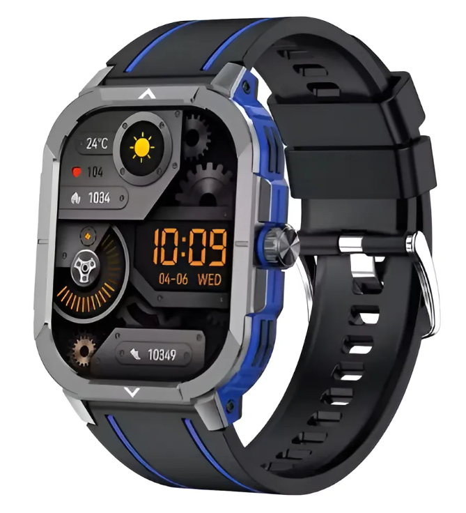 Reloj inteligente negro y azul con esfera cuadrada, que muestra un reloj digital, engranajes y estadísticas.