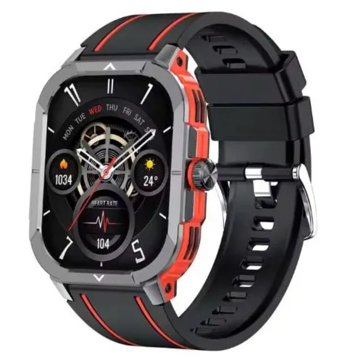 Reloj inteligente negro y rojo con esfera cuadrada y correa negra, que muestra datos de actividad física en la pantalla.