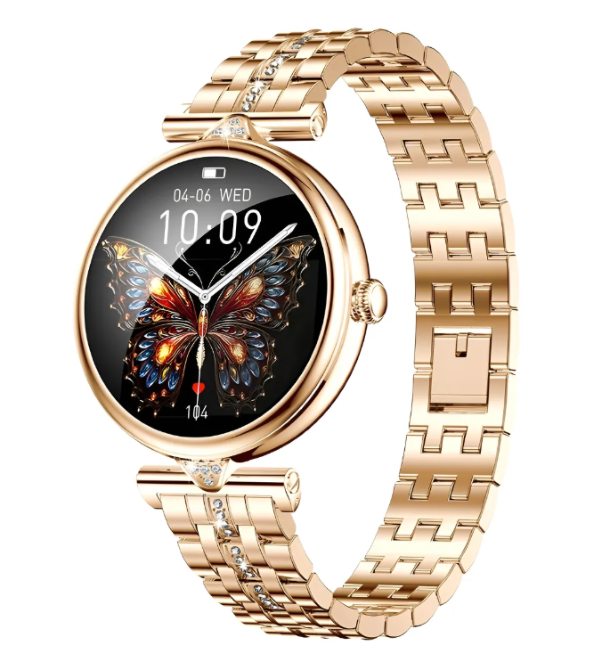 Reloj inteligente dorado con pantalla de mariposa y pulsera a juego.