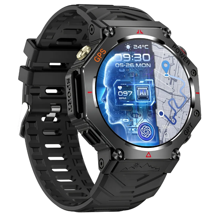 Reloj inteligente negro con GPS, visualización de mapas y datos de salud.