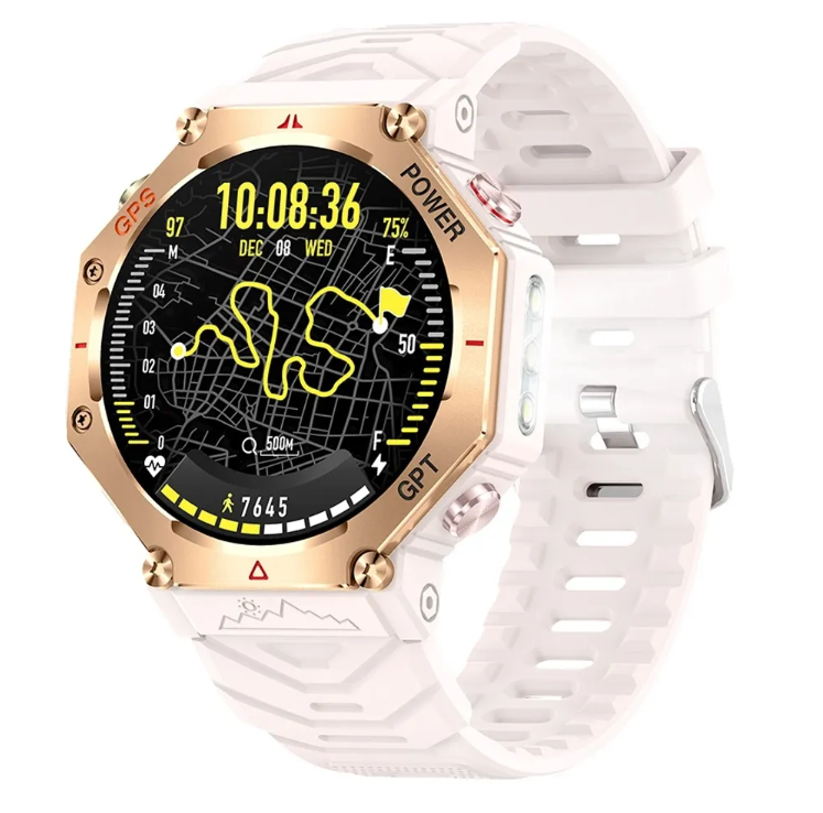 Reloj inteligente blanco y dorado con pantalla digital que muestra mapa, fecha y hora; pulsera blanca.