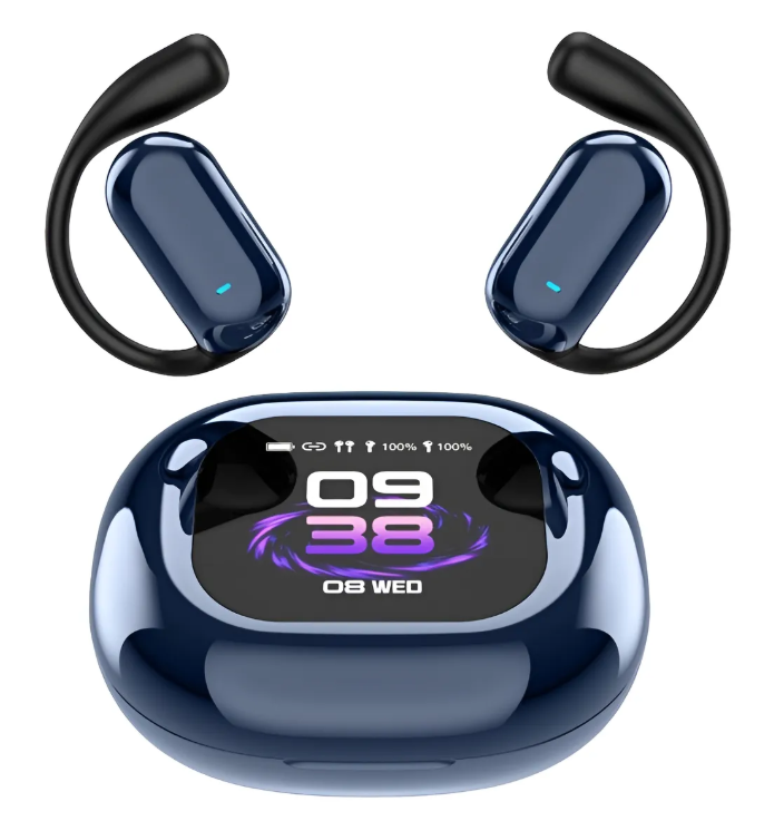 Auriculares azul oscuro con ganchos para la oreja y estuche de carga.