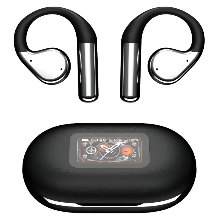 Auriculares inalámbricos negros y plateados con estuche de carga negro y pantalla digital.