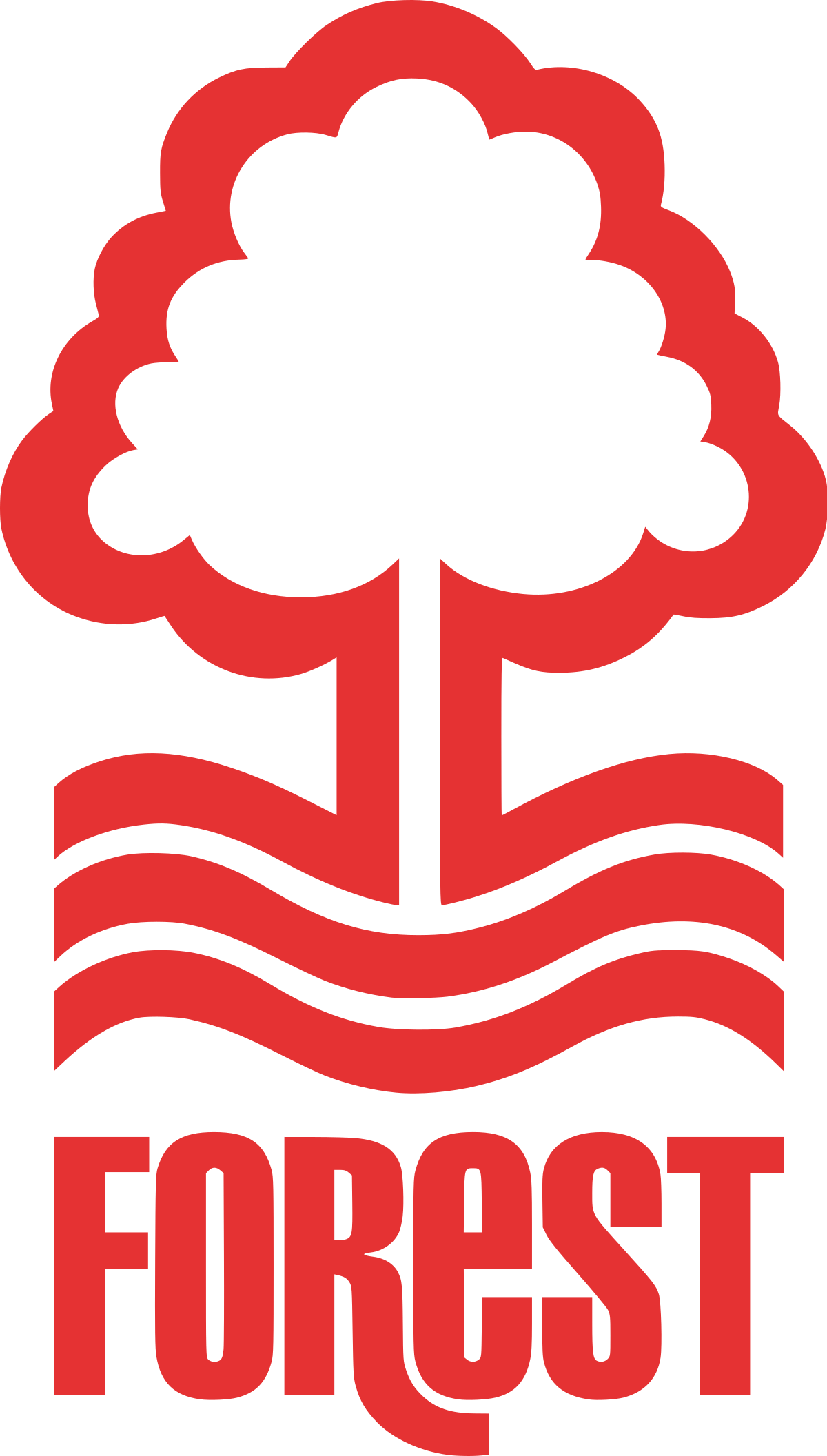 A red and white logo for forest with a tree and waves
