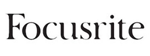 A black and white logo for focusrite on a white background.