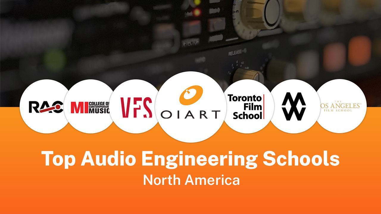 Top audio engineering schools in North America: Logos of OART, RAC, MI, VFS, Icon Collective, & Wave Arts.