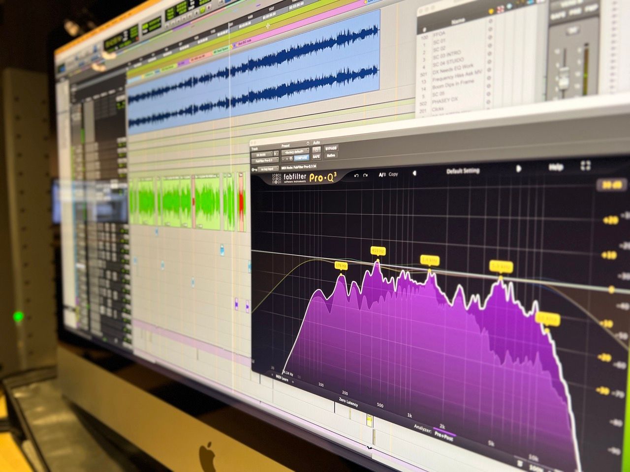 A computer monitor with a purple graph on it