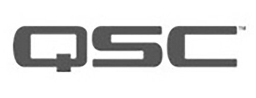 A close up of a qsc logo on a white background