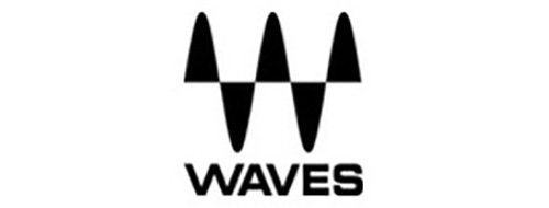 A black and white waves logo on a white background