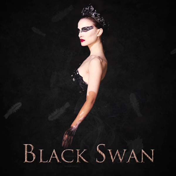 A poster for the movie black swan with a woman in a black dress