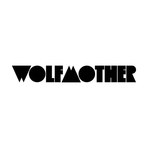 A black and white logo for wolfmother on a white background.
