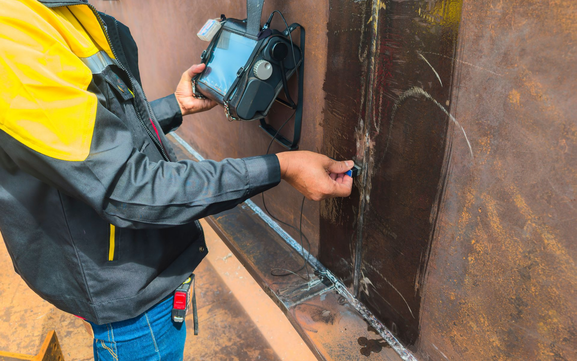 Person using a device to inspect a dark metal structure; outdoors.