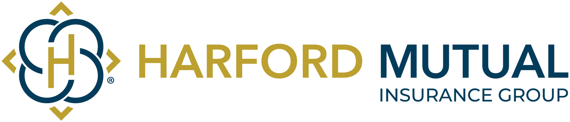 Logo for Harford Mutual Insurance Group. Features a circular design with an “H” in the center. Gold and navy colors.