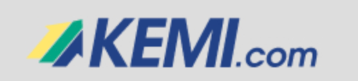 KEMI.com logo in blue text with a yellow, green, and blue arrow design.