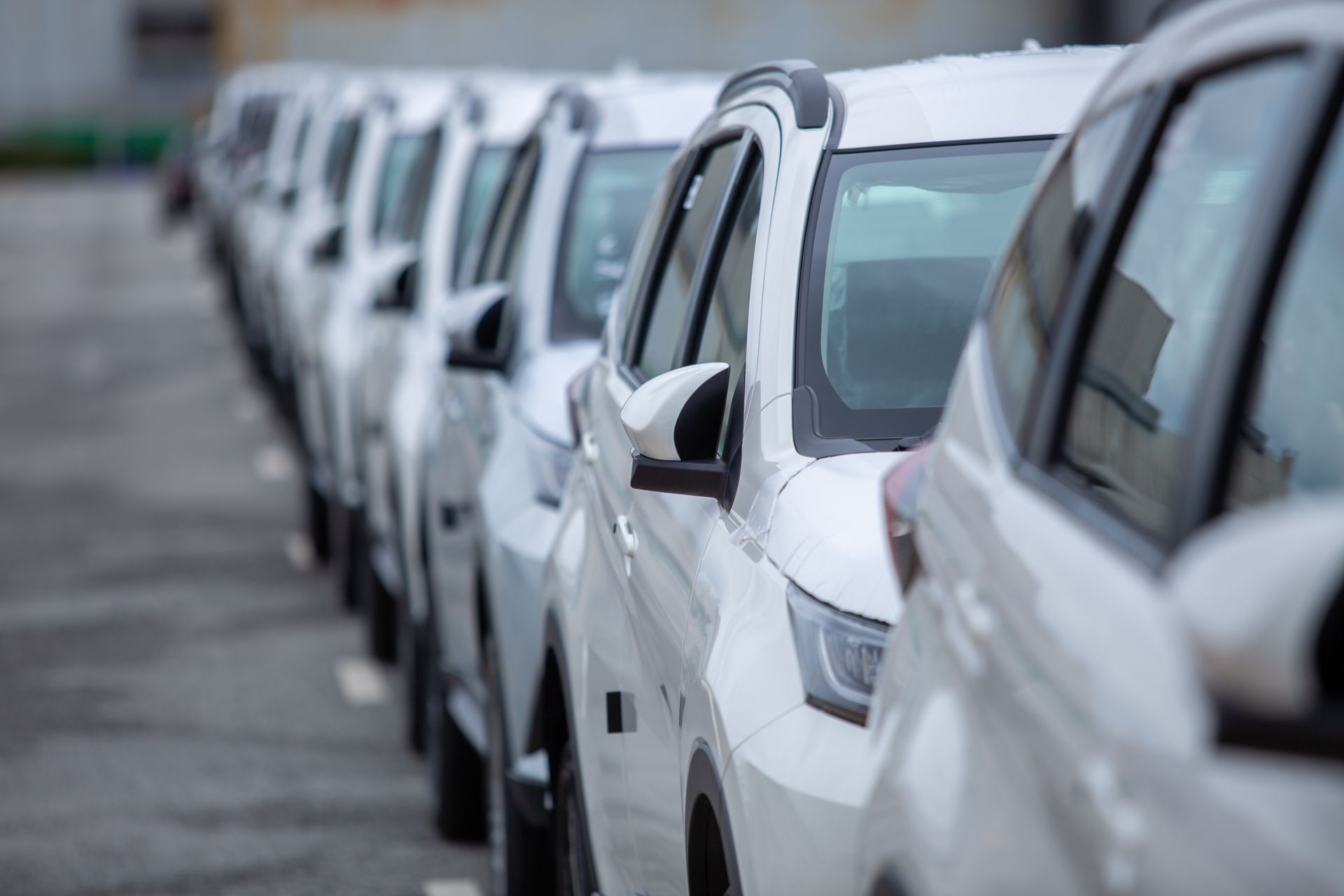Row of new white cars parked in a lot, viewed from a close, angled perspective.