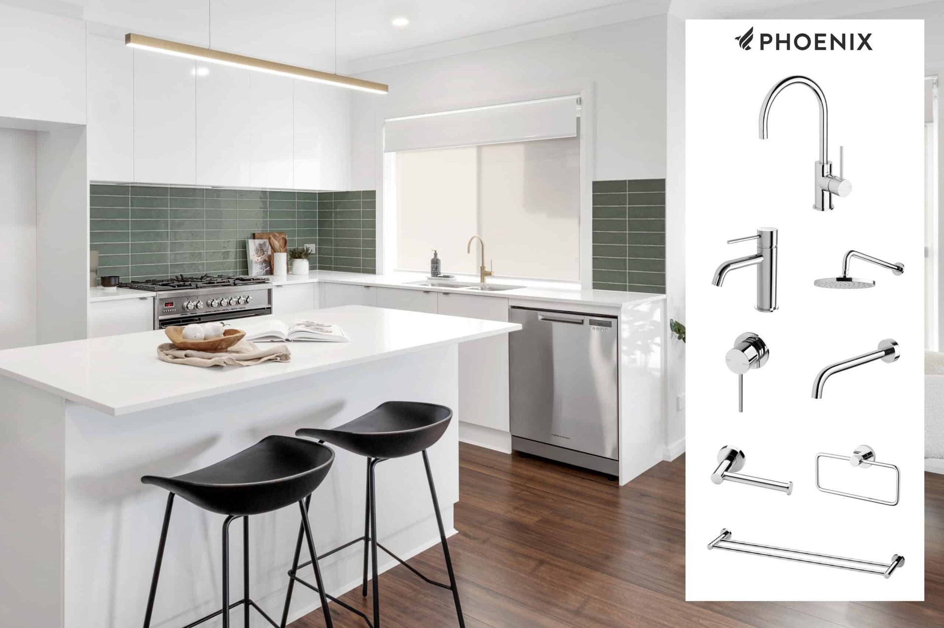 A Kitchen With White Cabinets, Black Stools, a Large Island, a Stove and a Dishwasher — Evolution Building Group Dapto, NSW