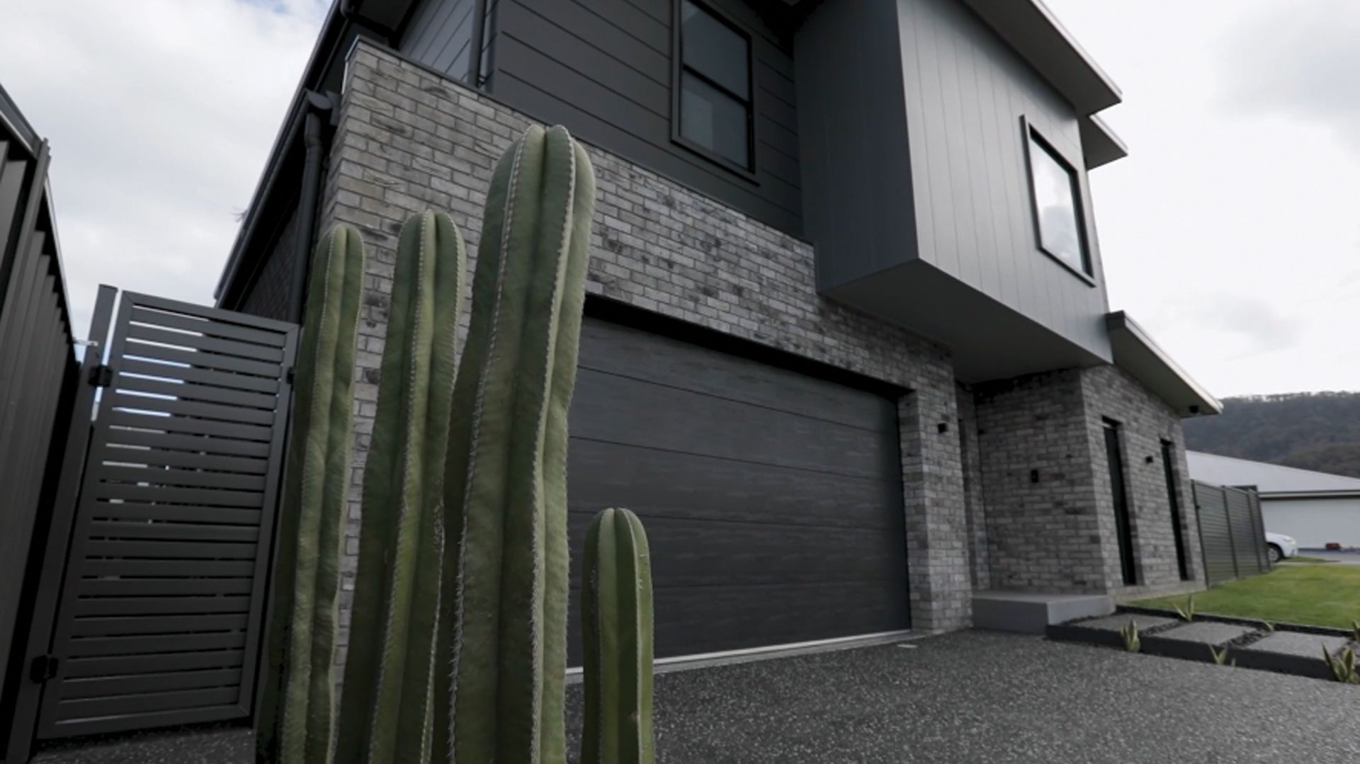 Modern two-story house with dark grey siding and brick exterior. A large cactus stands in front of the garage — Evolution Building Group Dapto, NSW
