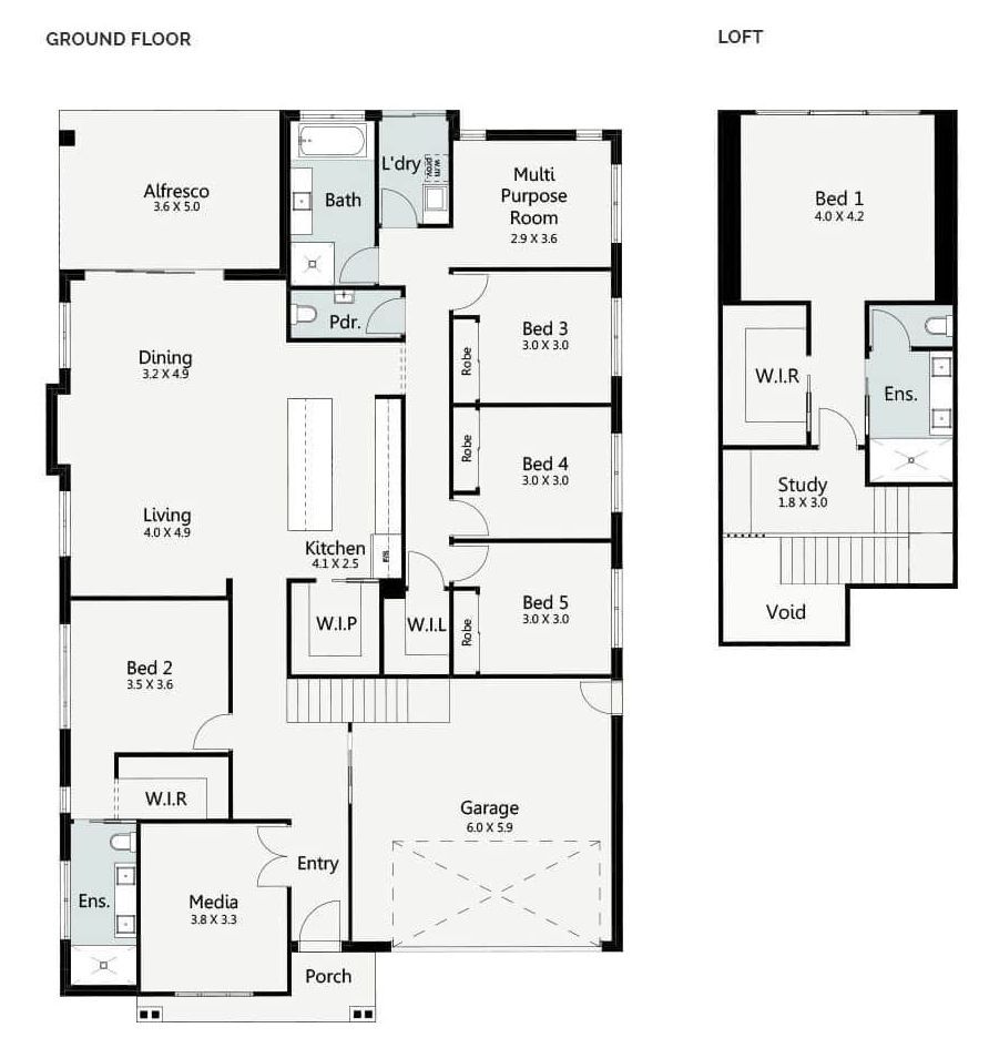 Floor plan showing a two-story house layout with the ground floor including living areas, bedrooms, and a garage, and the loft with two bedrooms and a study — Evolution Building Group Dapto, NSW