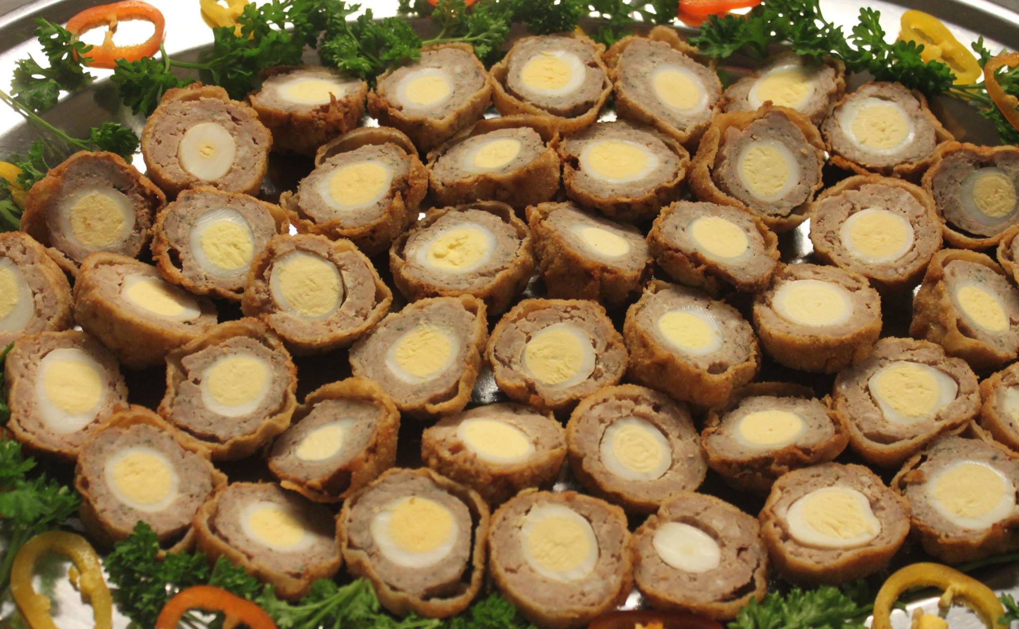 Scotch eggs made with quails egg canapes.