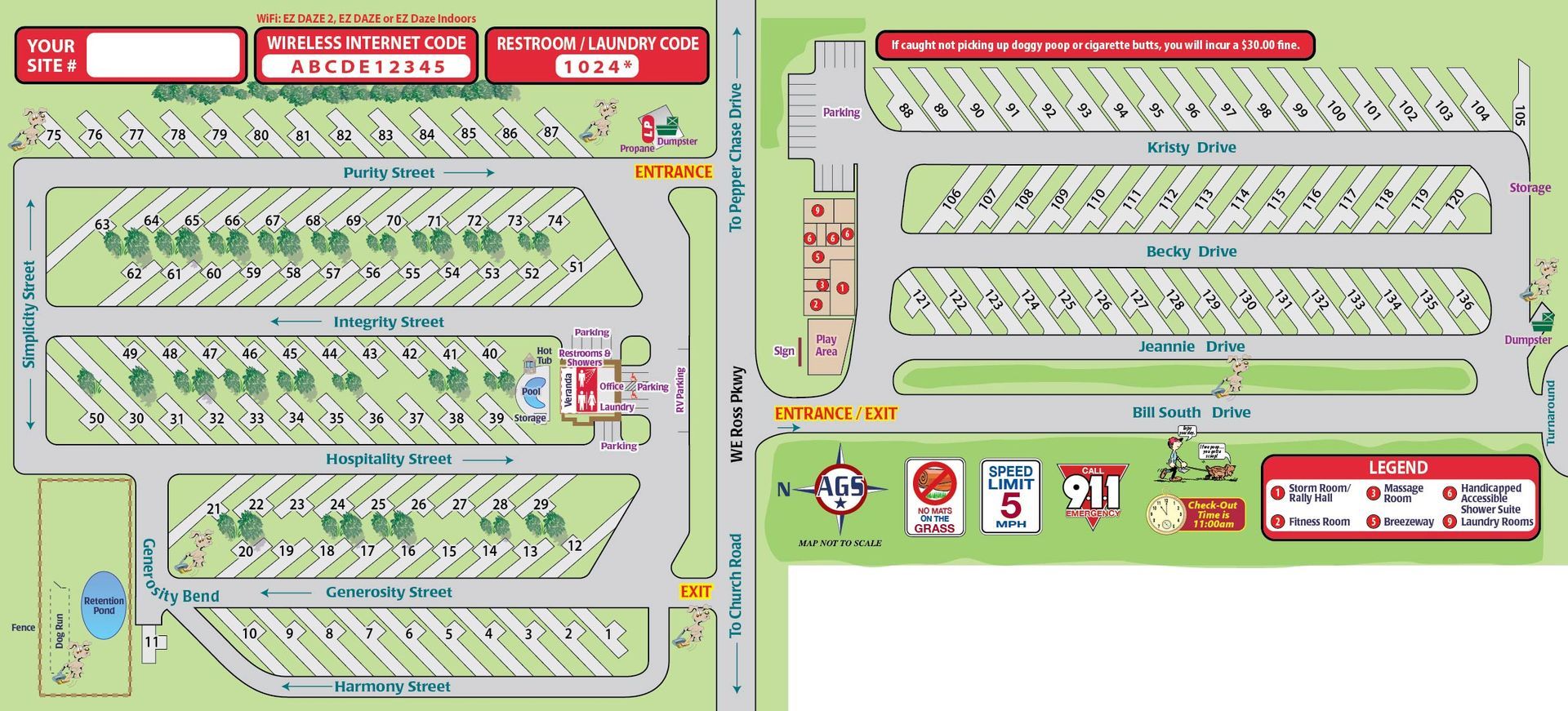 A map of a campground shows a lot of parking spaces